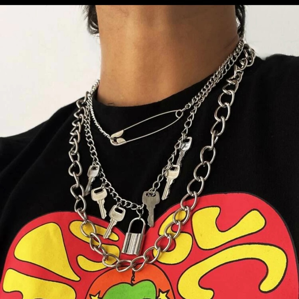 New!! 3Pc Lock & Key Chain Necklace